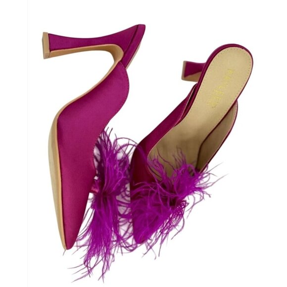 KAYLEEN / Cailin-20 / Pink Satin / Mule Heels / With Feather Embellishment - Picture 4 of 8